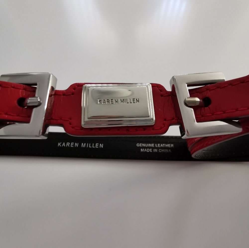 Karen Millen Red Leather Women's Belt with Silver Buckle